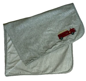 Gymboree 2003 Firetruck Appliqué Baby Blanket Reversible Gray Stripe Cotton VTG - Picture 1 of 8