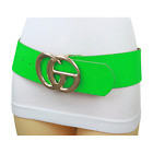 Women Bright Green Neon Wide Faux Leather Belt Gold Metal Circle Buckle Size S M