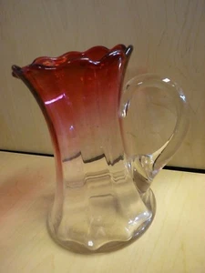 Blown Glass Cranberry to Clear Scalloped Rim Water Pitcher w/Applied Handle - Picture 1 of 8