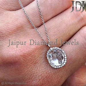 Slice Polki Natural Diamond Gift Necklace 925 Silver 18 inches Chain Necklace - Picture 1 of 8