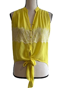 Bar III transparente ärmellose Chiffonbluse geknöpft vorne zum Binden gelb Größe Small - Bild 1 von 12