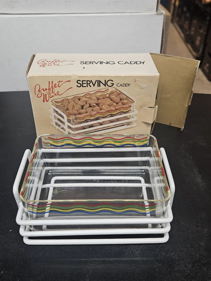 Vintage 80’s Party Buffet Ware Serving Caddy Striped Removable Plastic Tray - Изображение 1 из 4
