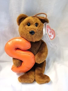 Alphabet Mützen Bär hält einen orangefarbenen Buchstaben S ty 2005 Etikett in Kunststoffhalter - Bild 1 von 7