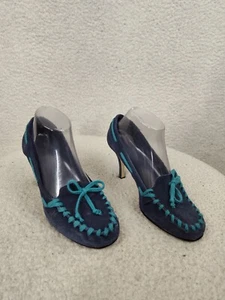 Dollhouse Women Heels 7M Blue Suede Slip On Front Bow Casual Stiletto Shoes - Picture 1 of 19