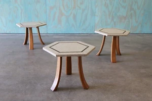 1950s Harvey Probber Terrazzo Brass Walnut Hexagon Side Tables Set of 3 - Picture 1 of 12