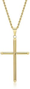 24K Gold Rope Chain Style Cross Pendant Necklace Solid Clasp for Men,Women,Teens