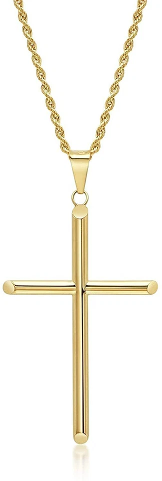 Collar colgante cruz estilo cadena cuerda oro 24K cierre sólido para hombres, mujeres, adolescentes Foto 1 de 4
