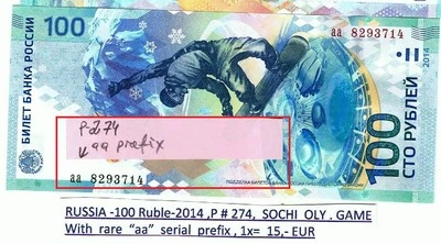 Russia 100 Ruble - 2014, P # 274 Sochi Olympic Game, With rare "aa" ser. prefix  - Image 1 of 2