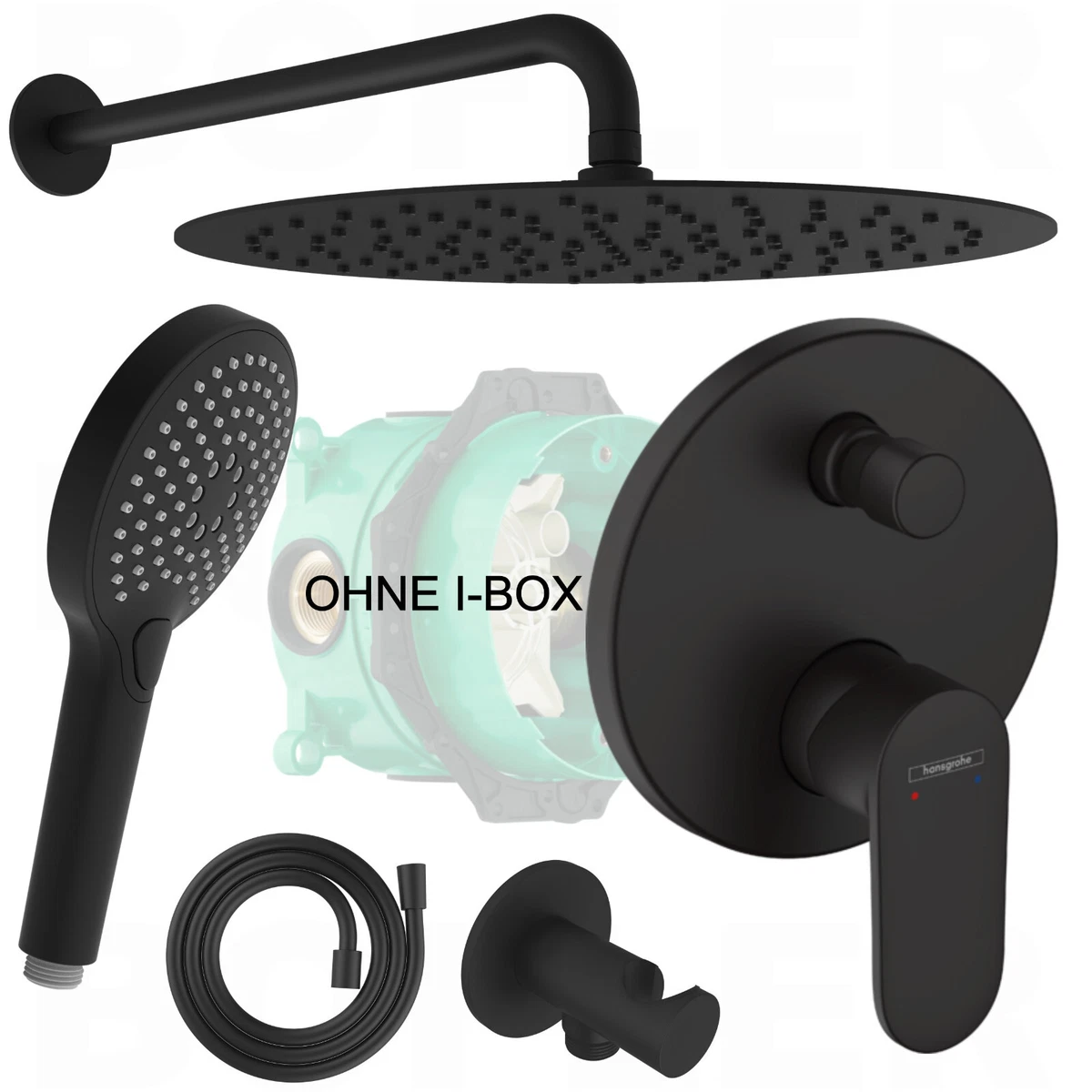 Hansgrohe Dusch-Set Unterputz – Thermostatarmatur, Regendusche & Handbrause, Schwarz Matt (HGKS03)