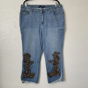 Denim 24/7 Plus Sz 16W Blue Straigth Legs Capri Jeans Sequin Beaded Cut Off Legs - Picture 1 of 10