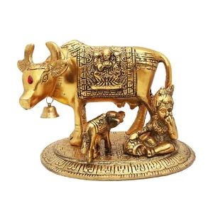 Home Decor Kamdhenu Cow with Calf & Krishna Brass God Figure Showpiece - Picture 1 of 2