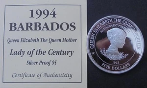 1994 Barbados Queen Mother Engagement Portrait Proof Silver $5 Coin With COA - Picture 1 of 2