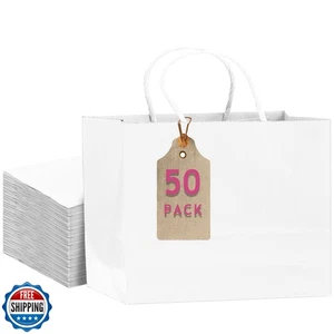 qiqee 50-Packs White Paper Gift Bags with Handles Bulk 12.6"x4.3"x10" Wide La - Picture 1 of 5