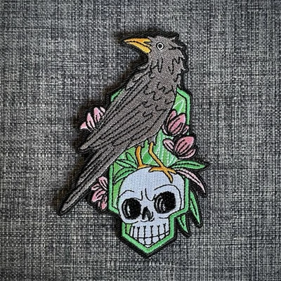 GRAVEYARD CROW Skull & Headstone 100% Embroidered Patch Badge Motif Iron-On - Image 1 of 2