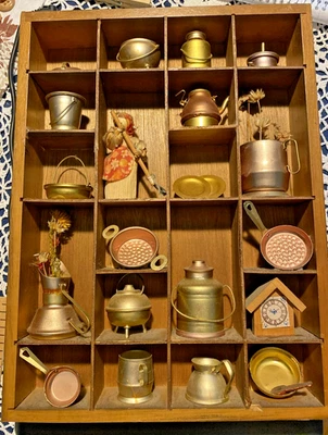 Vintage Miniature Kitchen Cookware Shadowbox Display Folk/Cottage 20 Pieces - Image 1 of 4
