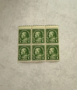 Old 1 Cent Benjamin Franklin Stamp Green Plate Block of 6 - MNH - Never Used - Picture 1 of 2