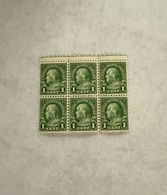 Old 1 Cent Benjamin Franklin Stamp Green Plate Block of 6 - MNH - Never Used - Image 1 of 2