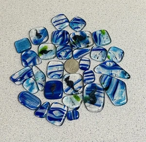 Fused Glass Cabochon Lot Transparent Blue Dichroic Squares Mixed Shapes 29 Pcs - Picture 1 of 7