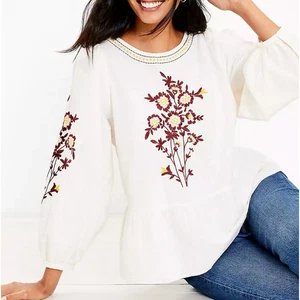 Ann Taylor LOFT Floral Embroidered Peplum Blouse Womens Sz XS 100% Cotton NEW - Picture 1 of 9