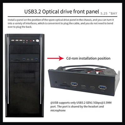 USB 3 2 Gen1 Front Panel Module 5Gbits USB A Audio Port and Card Reader - Image 1 of 4