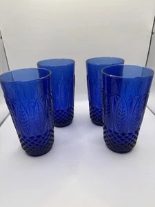 Set 4 Avon Royal Sapphire Cobalt Blue Drinking Glasses Leaf Pattern 14oz NIB - Picture 1 of 9