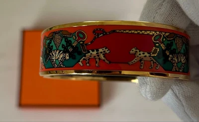 Hermes Paris Email Emaille Armreif Armband Rot Gold Leopard Tiger in Box Japan - Bild 1 von 4