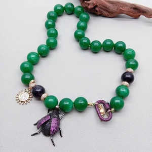 Green Jade Cz Beetle Charm  Necklace Beaded Simple Pendant Necklaces Jewelry - Picture 1 of 5