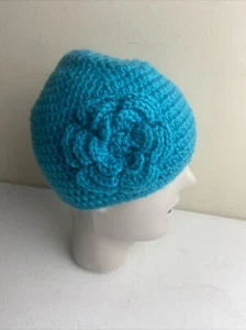 CROCHET Beanie Hat Teal Blue Handmade Flower Cap Cottagecore Youth O/S - Picture 1 of 7