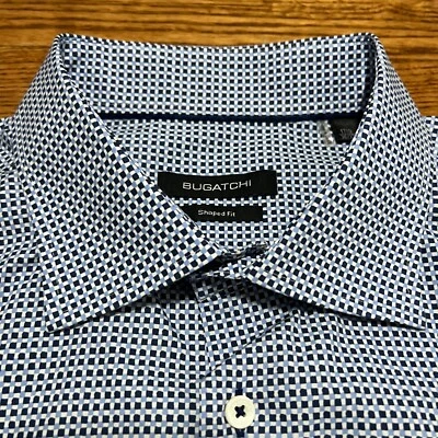 Bugatchi Dress Shirt Mens 17.5 36/37 Blue White Check Shaped fit Button Front - Image 1 of 4