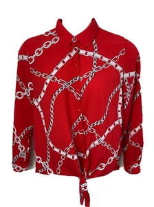 Susan Graver Womens Size 8 Chiffon Buttons Tie Front Chainlink Blouse Red/White - Bild 1 von 12