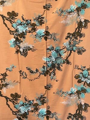 Vtg Nubby Rayon Barkcloth? 50s 60s Drapery Fabric Flowers Retro Aqua, Sherbet 2Y - Image 1 of 4