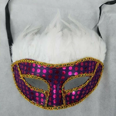 Costume Masquerade Ball Eye Mask White Purple Gold Trim Halloween, Feathered - Image 1 of 2