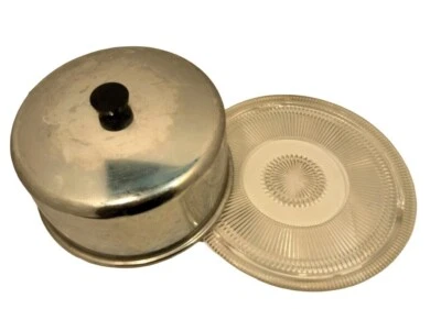 Everedy Kake Saver Cromo Cubierto Pastel Plato Portador Vidrio Corte De Colección 1960 Foto 1 de 4