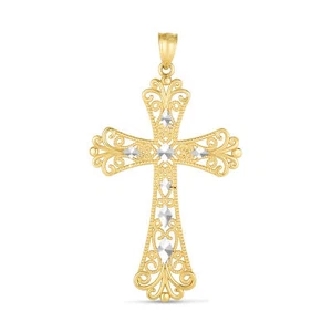 2" Two-Tone Beaded Cross Pendant Real 14K Yellow White Gold - Picture 1 of 2