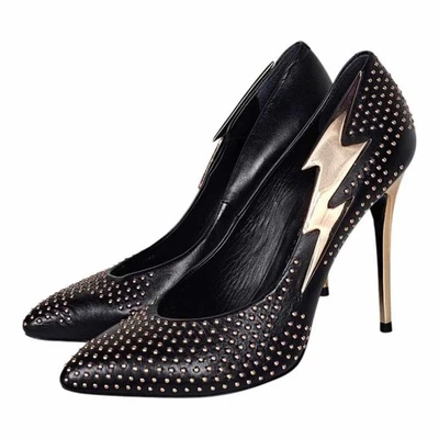 Zapatos de salón Ivy Kirzhner de cuero negro tacones dorados relámpagos detalles 8,5 raros Foto 1 de 4