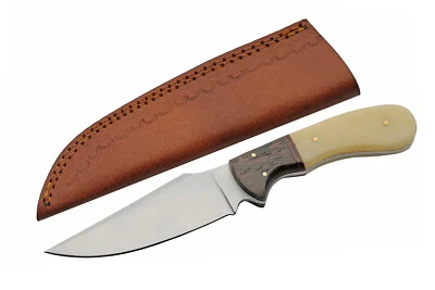 Fixed Blade Hunting Skinner Knife Bone Handle Wood Bolster Leather Sheath - Image 1 of 4