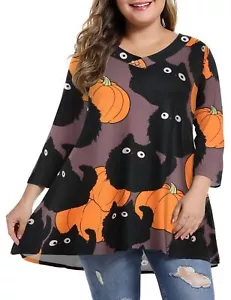 Womens 3/4 Sleeve V Neck Plus Size Flowy Swing Tunic Tops Loose Halloween Shi... - Picture 1 of 6