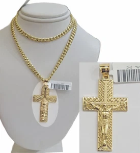 REAL 10k Yellow Gold Chain Cross Pendant Set Miami Cuban link Necklace 5mm 18-28 - Picture 1 of 10