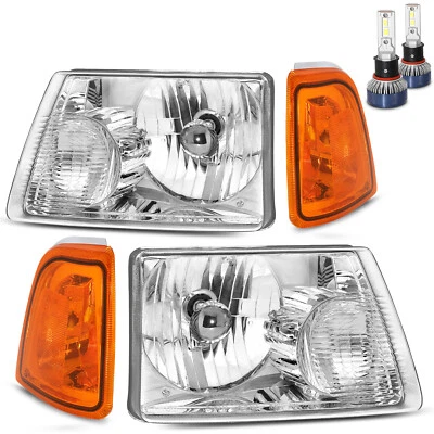Headlights W/Led Bulbs For 2001-2011 Ford Ranger Chrome Housing Amber Corner  - Image 1 of 4