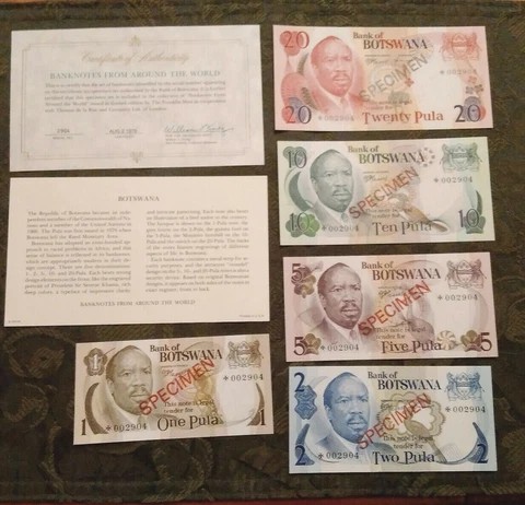 BOTSWANA 1979 1 - 20 Pula Complete 5 Specimen Set CS1 P 1-5 UNC 002904 COA Cover