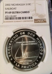 2002 NICARAGUA SILVER 10 CORDOBAS SAILBOAT NGC PF 69 ULTRA CAMEO TOP POP - Picture 1 of 3
