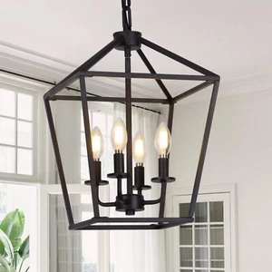 4 Light Chandelier, Industrial Ceiling Light Black Lantern Light Fixtures with F - Picture 1 of 8