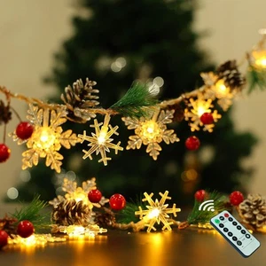 30 Led 10ft Christmas Garland Snowflake Lights, Pine Cones Red Berry Battery ... - Picture 1 of 6