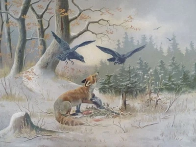Rotfuchs in einer Tierfalle - Chromolithographie - Waldlandschaft Tiere - 1882 - Bild 1 von 4