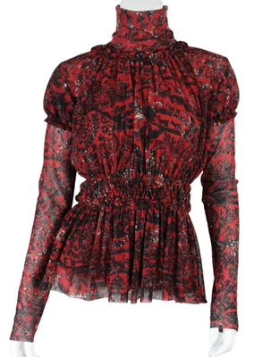 JEAN PAUL GAULTIER Red & Black Toile Print Puff Sleeve Turtleneck Top M - Image 1 of 4