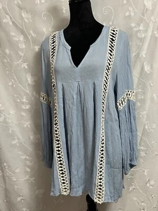 Umgee Boho Bohemian Tunic Blouse Top Carolina Blue Braided Detail Sz M EUC - Picture 1 of 10