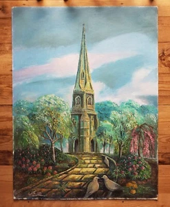 Large Old Vintage Landscape Oil Painting Architecture Monument Signed - Picture 1 of 8