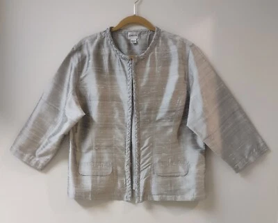 Chicos Silver Gray SILK Braided Trim Open Blazer Sz 3 - Image 1 of 4