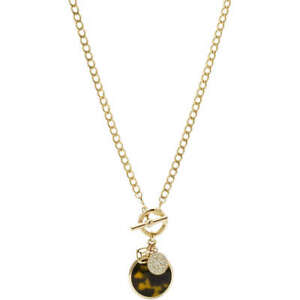 NEW FOSSIL GOLD TONE CHAIN,CRYSTALS DISK,BROWN TORT CHARM NECKLACE JF00586710
