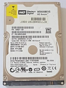 60 GB SATA Western Digital WD600BEVS-07LAT0 5400RPM 8MB HDD 2.5" Hard Drive - Picture 1 of 1